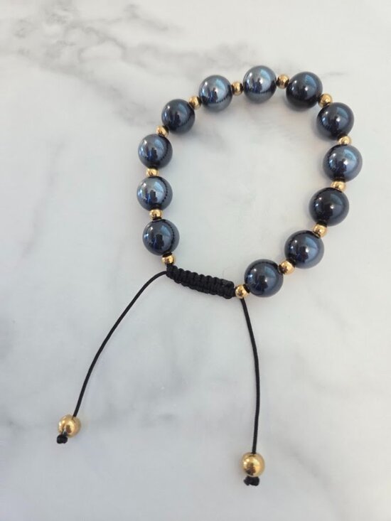 Jewelry - Unisex Dark Metallic Gray Bead Adjustable Macrame Bracelet Gold Accents